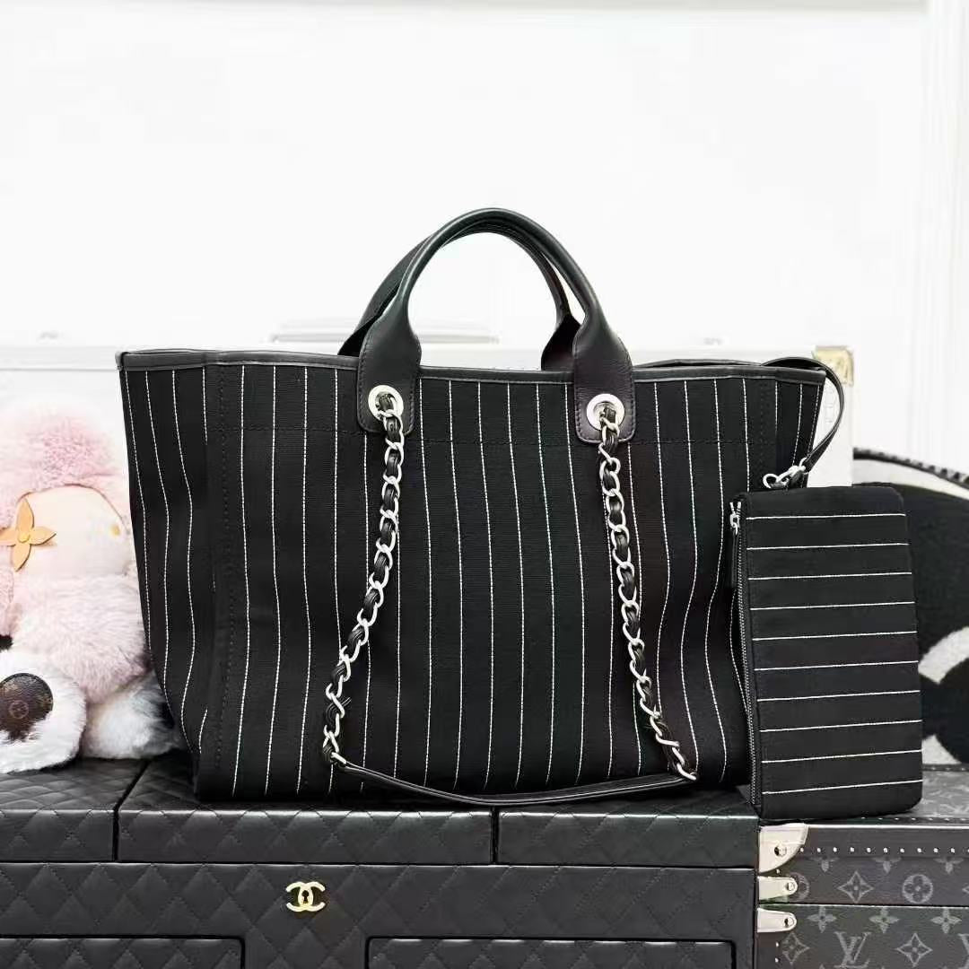 Chanel 23P Black and White Striped Embroidered Mother-and-Child Beach Bag