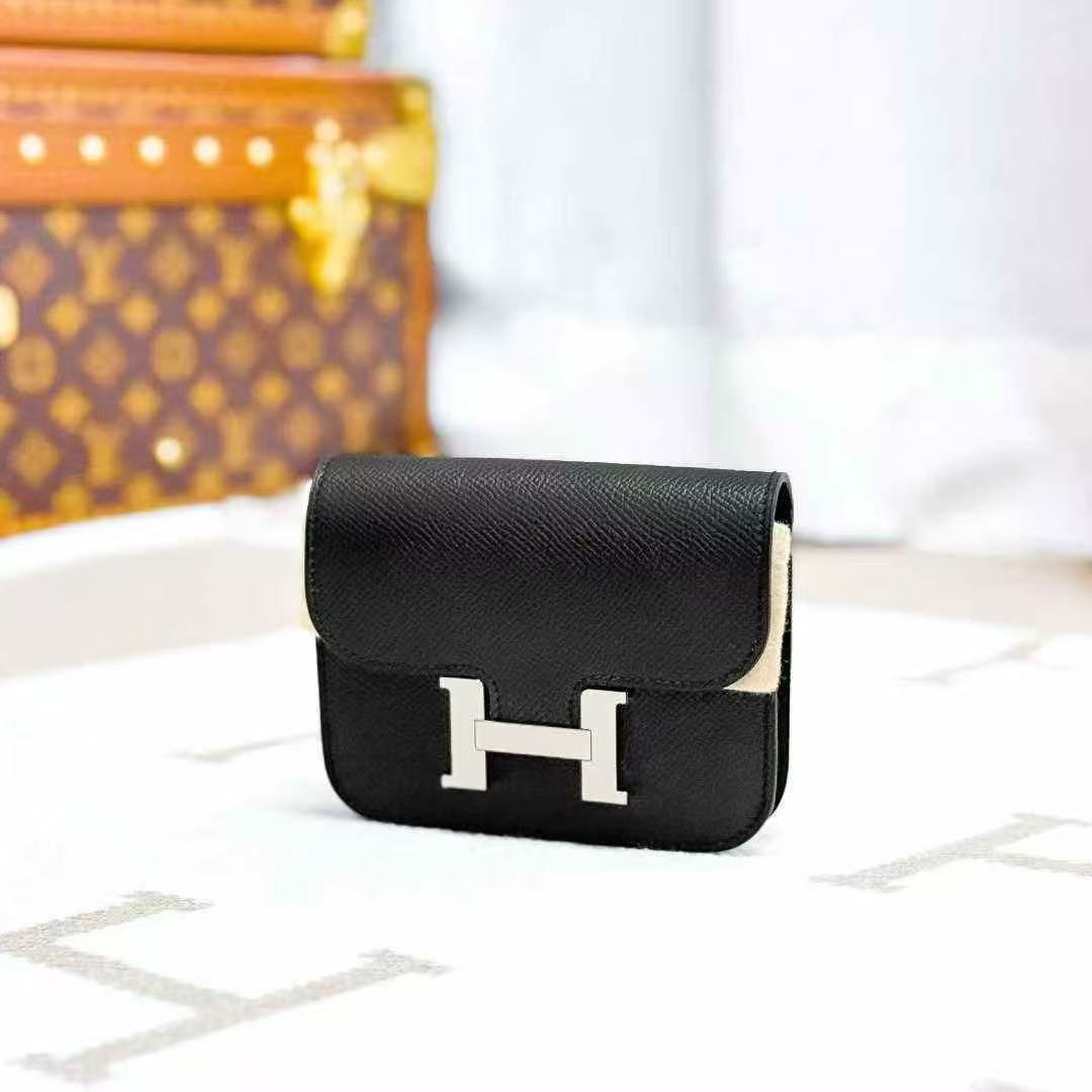 Hermes Constance Slim Black Wallet with Silver Buckle, Waist Bag