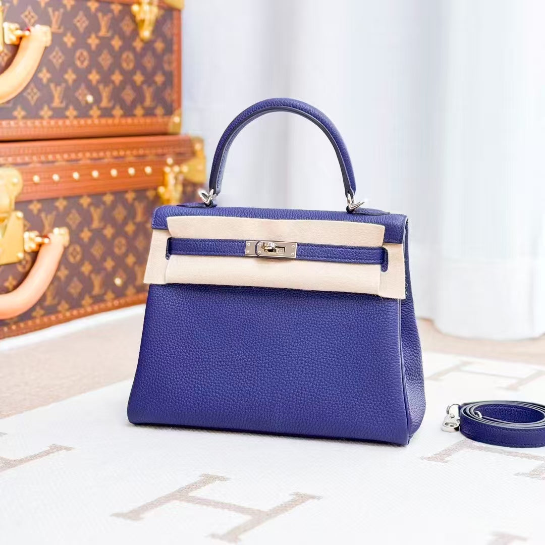 Hermes Kelly 25 M3 Ink Blue, Silver Buckle Togo Leather