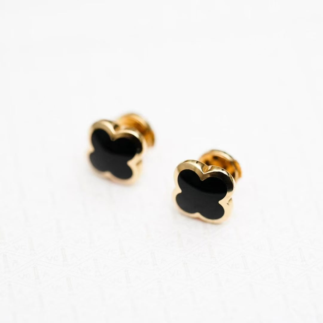 VCA Pure Alhambra Collection Black and Gold Banded Agate Four-Leaf Clover Stud Earrings