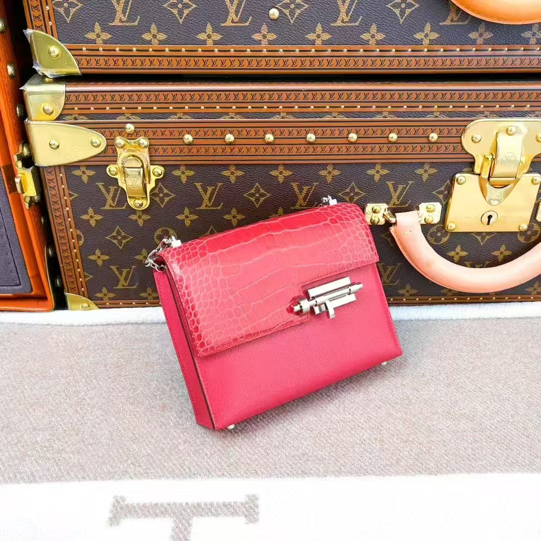 Hermès Verrou Mini Touch Crocodile and Goatskin A5 Rhododendron Red Pistol Bag