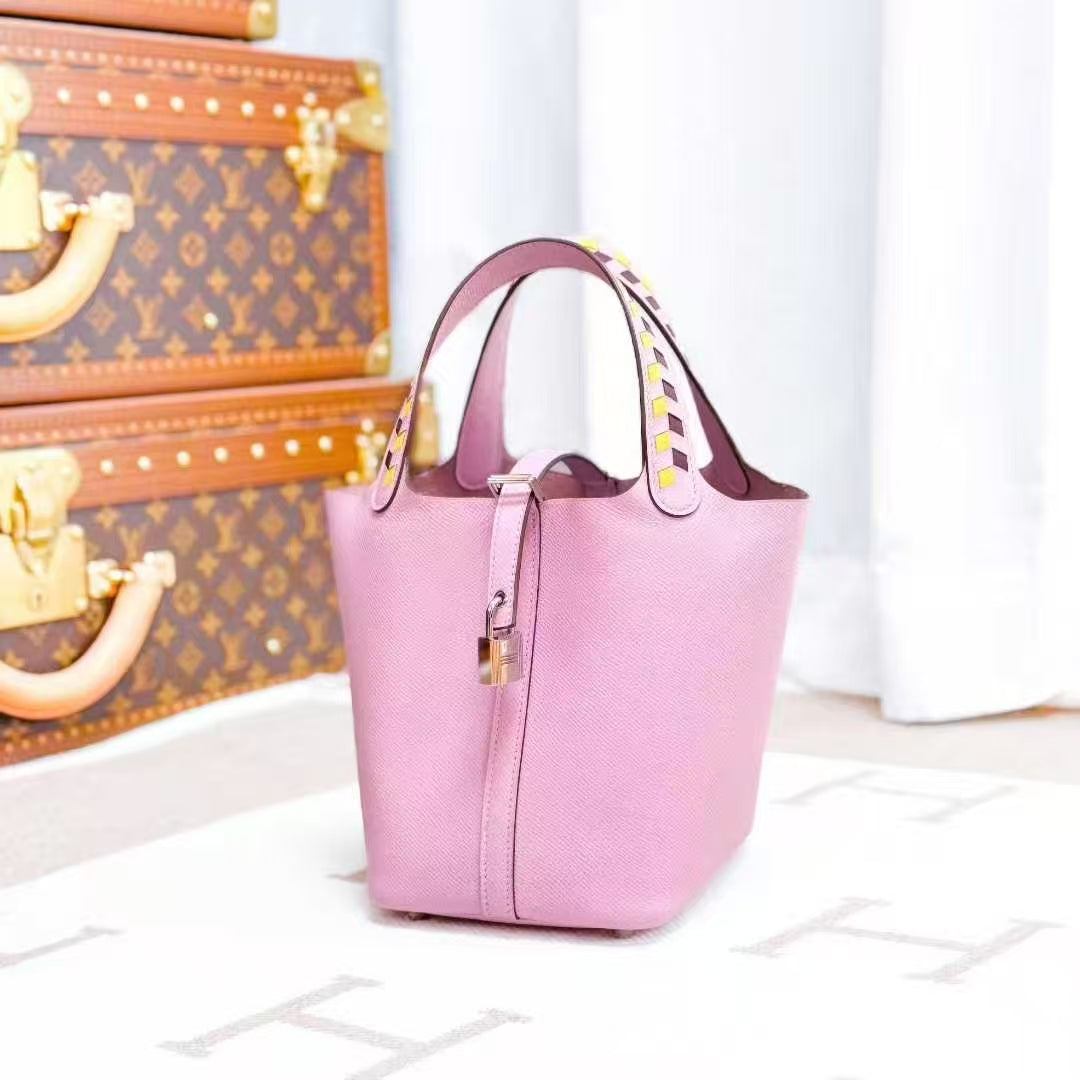 Hermes Picotin in Mallow Purple, Silver Buckle, Woven Handle Bucket Bag