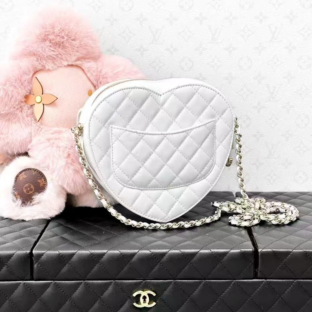 Chanel 22S White Gold Buckle Quilted Large Heart Chain Bag, Crossbody Bag