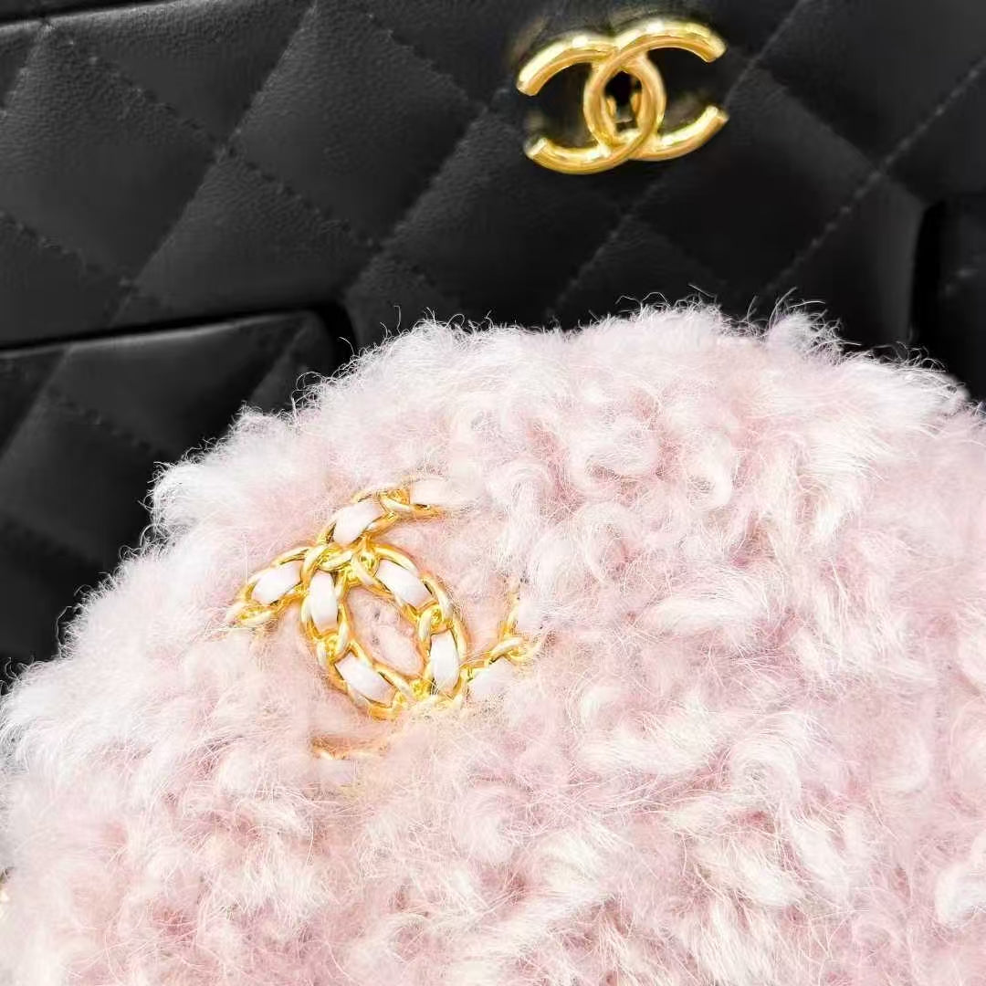 Chanel 20A Pink Teddy Plush Round Pouch, Crossbody Bag