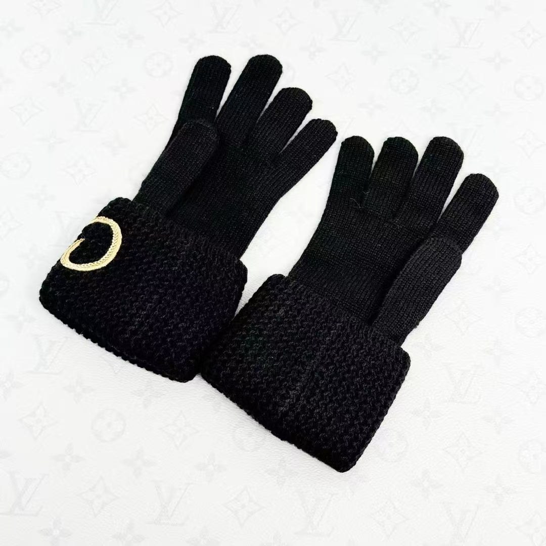 Chanel 22A Black Knit Gloves with Gold Sequined Letter Logo