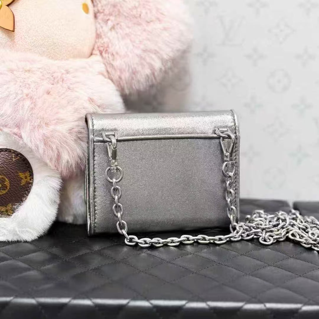 MiuMiu Silver Letter Logo Card Holder, Chain Bag