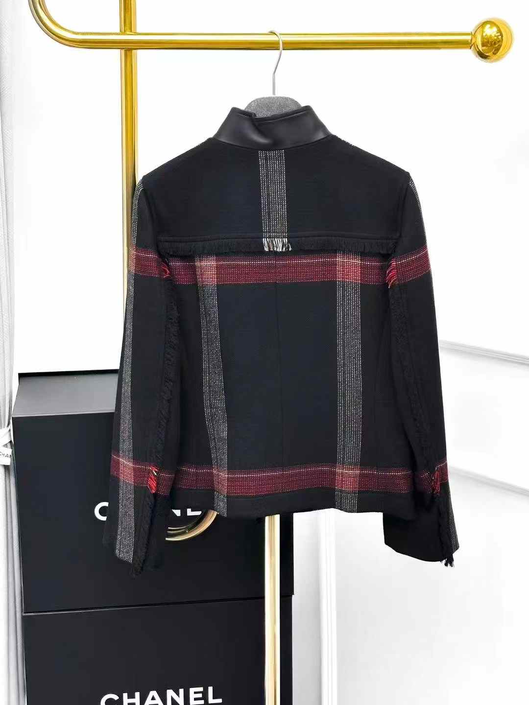 Hermes Black Checkered Wool and Leather Short Jacket, Rider Jacket