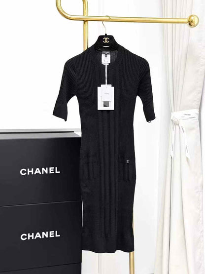 Chanel 22K Black Vertical Stripe Knit Short-Sleeve Dress