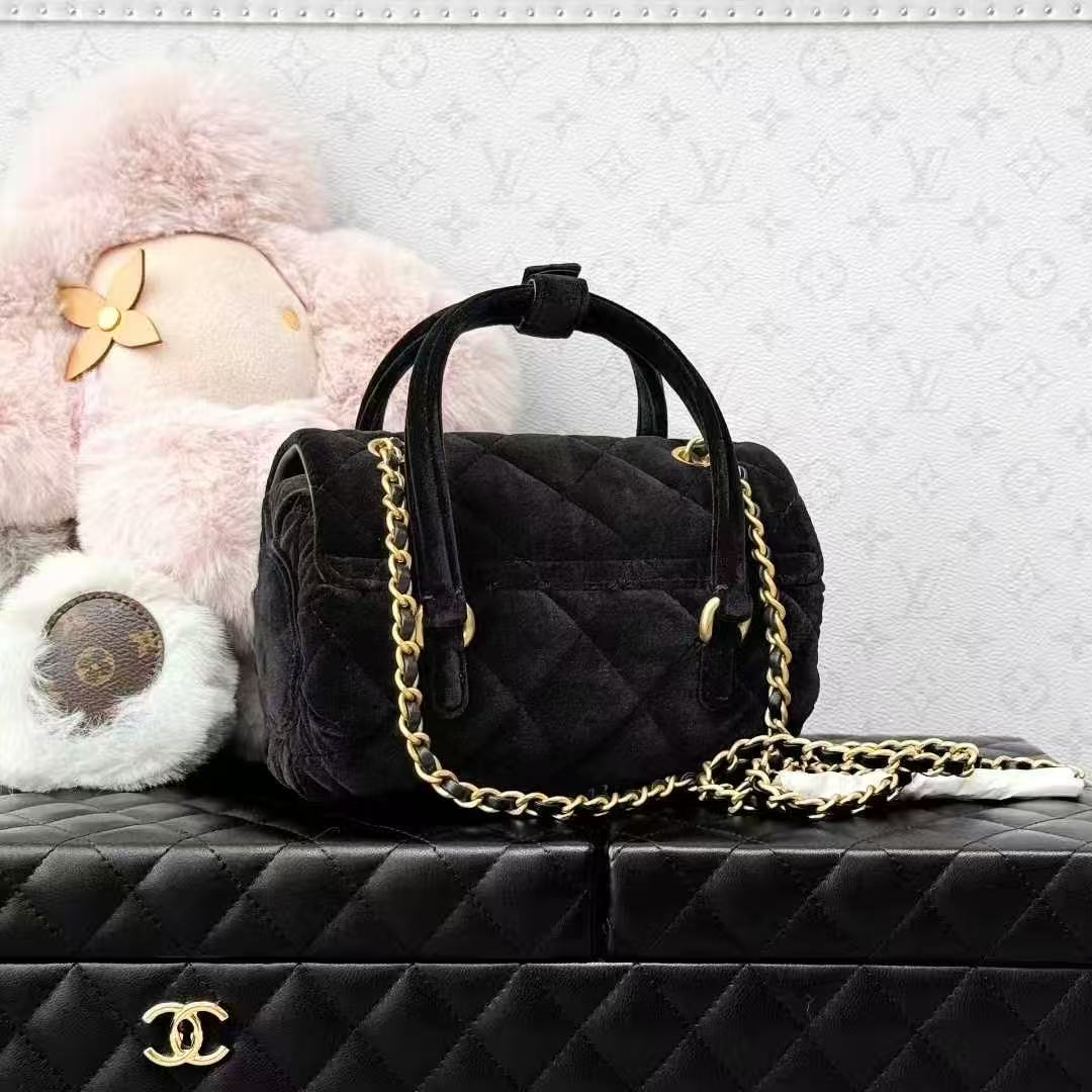 Chanel 25C Black Velvet Mini Bowling Bag