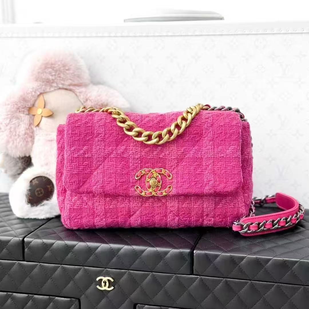 Chanel 19K Snow Collection Peach Pink Tartan Tweed 19 Bag