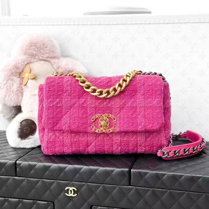 Chanel 19K Snow Collection Peach Pink Tartan Tweed 19 Bag