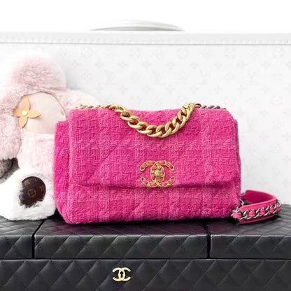 Chanel 19K Snow Collection Peach Pink Tartan Tweed 19 Bag