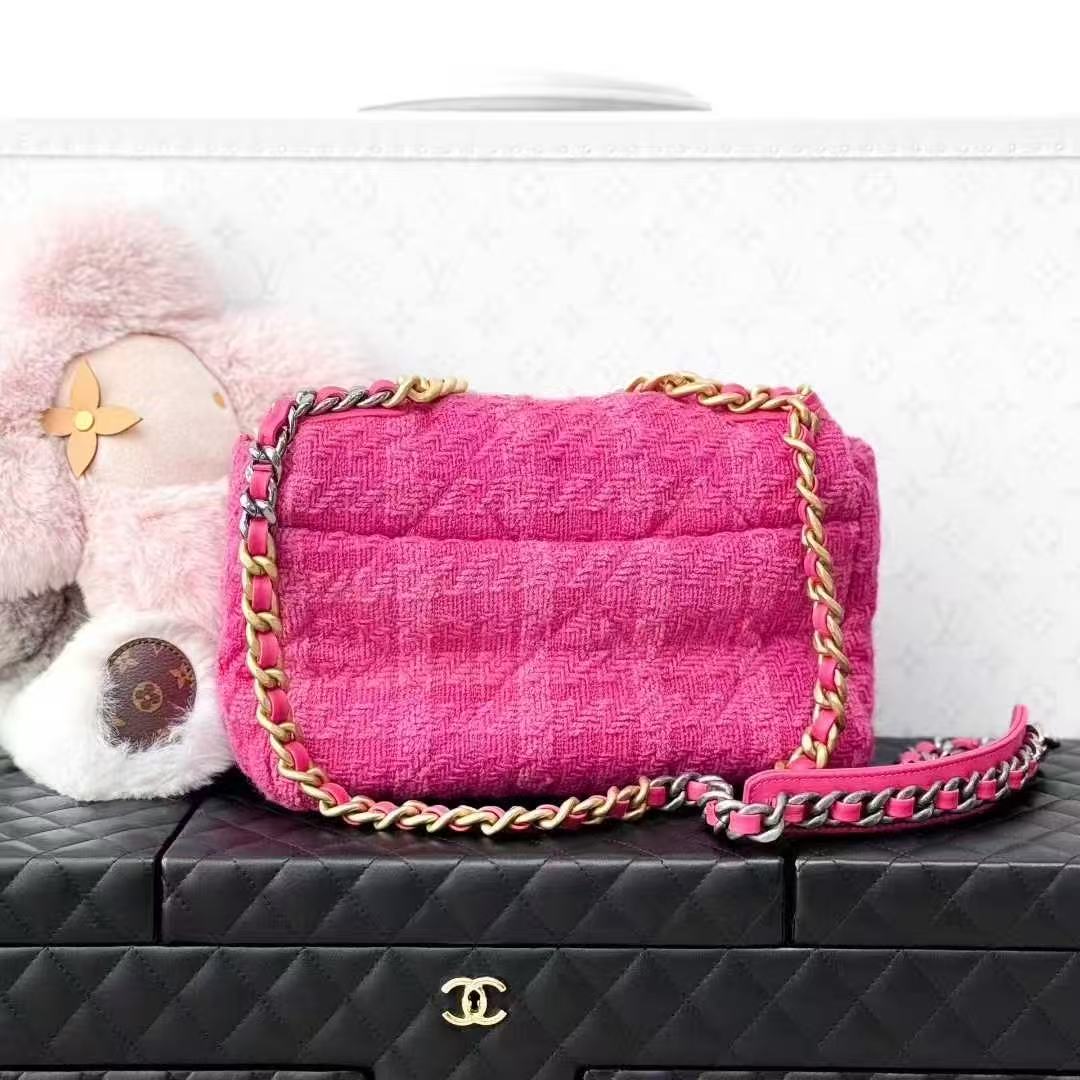 Chanel 19K Snow Collection Peach Pink Tartan Tweed 19 Bag