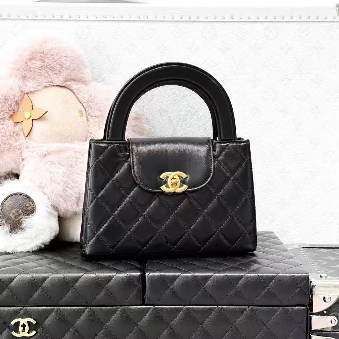 Chanel 23K Black Gold Glossy Calfskin Diamond Quilted Kelly Nano