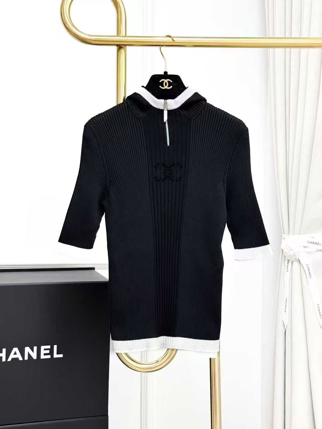 Chanel 25C Black with White Trim Openwork Double C Short-Sleeve Hooded Knit Top