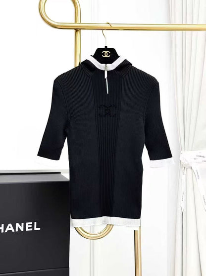 Chanel 25C Black with White Trim Openwork Double C Short-Sleeve Hooded Knit Top