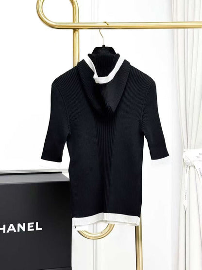 Chanel 25C Black with White Trim Openwork Double C Short-Sleeve Hooded Knit Top