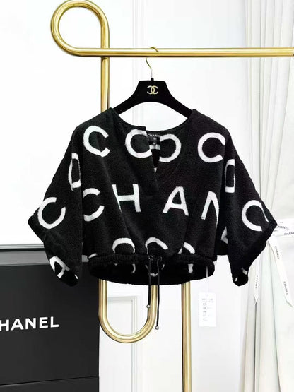 Chanel 23M Coco Beach Black and White Letter Logo Cropped Drawstring Top