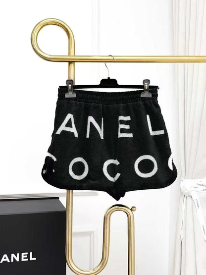 Chanel 23M Coco Beach Black and White Letter Logo Towel-Fabric Shorts