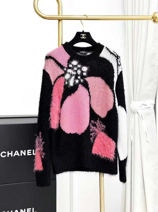 Chanel 23K Black and Pink Floral Round-Neck Long-Sleeve Sweater