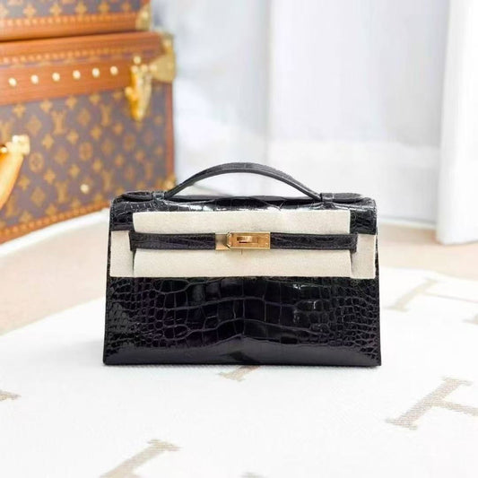 Hermes Mini Kelly First Generation Black and Gold Shiny Alligator