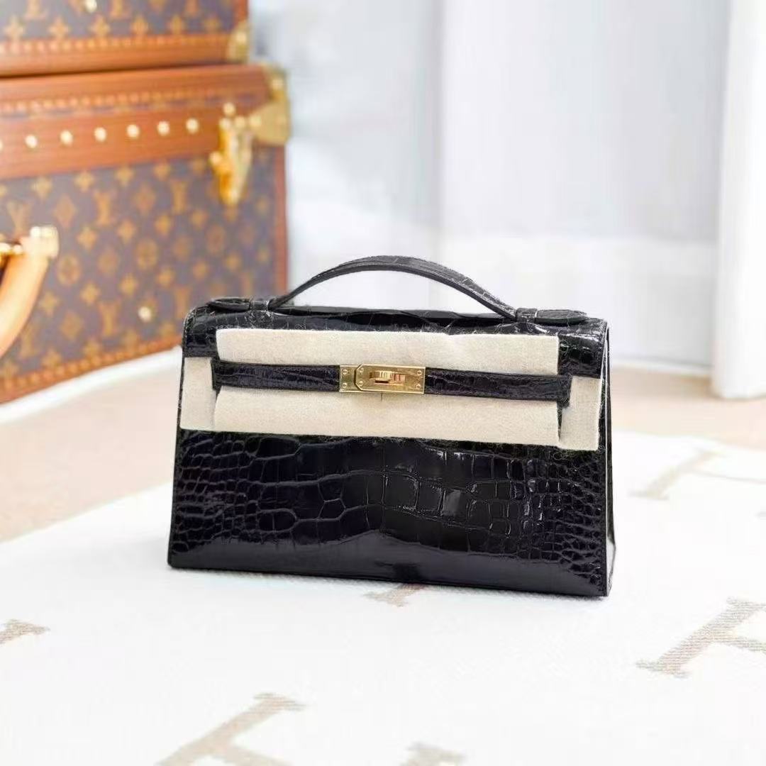 Hermes Mini Kelly First Generation Black and Gold Shiny Alligator