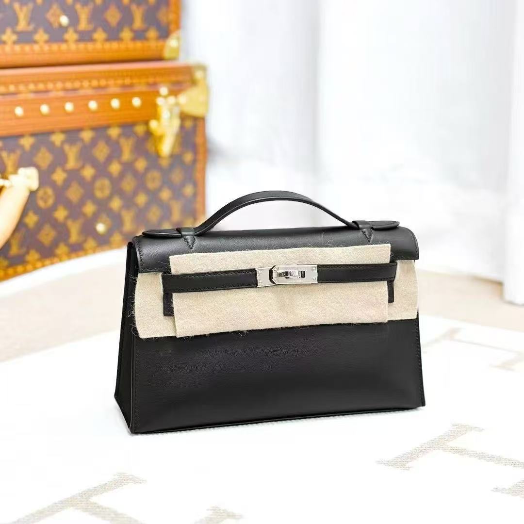 Hermes Mini Kelly First Generation Black and Gold Shiny Alligator