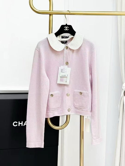 Chanel 25B Pink and White Collared Knit Cardigan