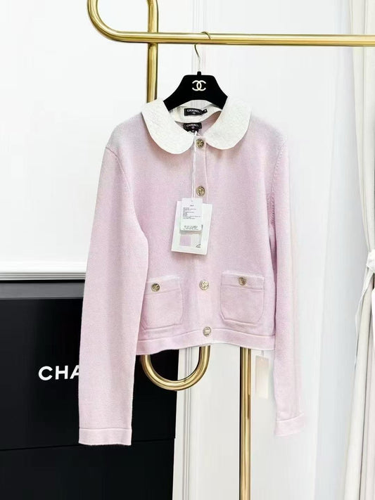 Chanel 25B Pink and White Collared Knit Cardigan