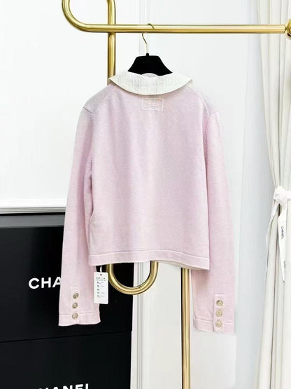 Chanel 25B Pink and White Collared Knit Cardigan
