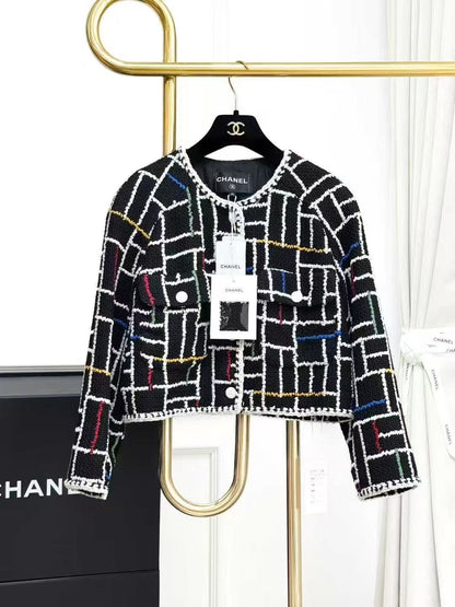 Chanel 25C Runway Style Black-Based Colorful Checkered Round-Neck Short Jacket