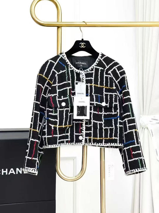 Chanel 25C Runway Style Black-Based Colorful Checkered Round-Neck Short Jacket