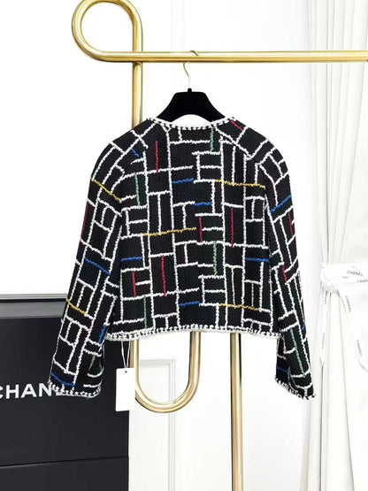 Chanel 25C Runway Style Black-Based Colorful Checkered Round-Neck Short Jacket