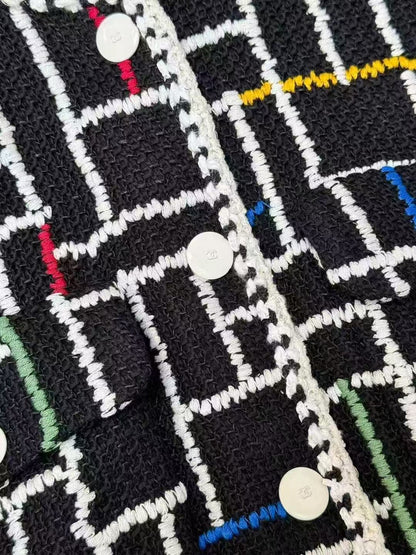 Chanel 25C Runway Style Black-Based Colorful Checkered Round-Neck Short Jacket