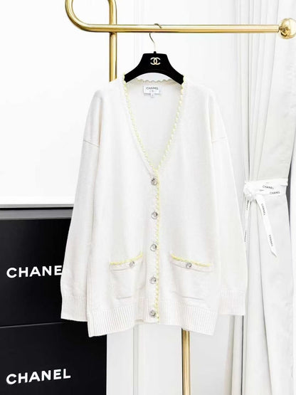 Chanel 25C White and Yellow Wave-Patterned Long-Sleeve Knit Cardigan