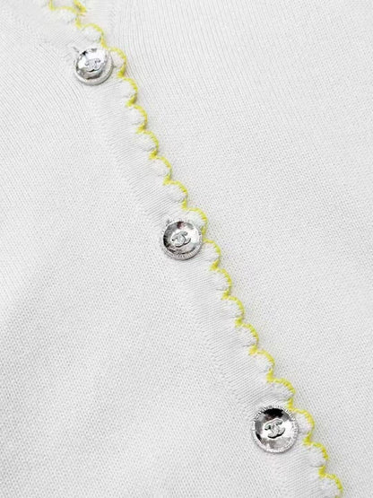 Chanel 25C White and Yellow Wave-Patterned Long-Sleeve Knit Cardigan