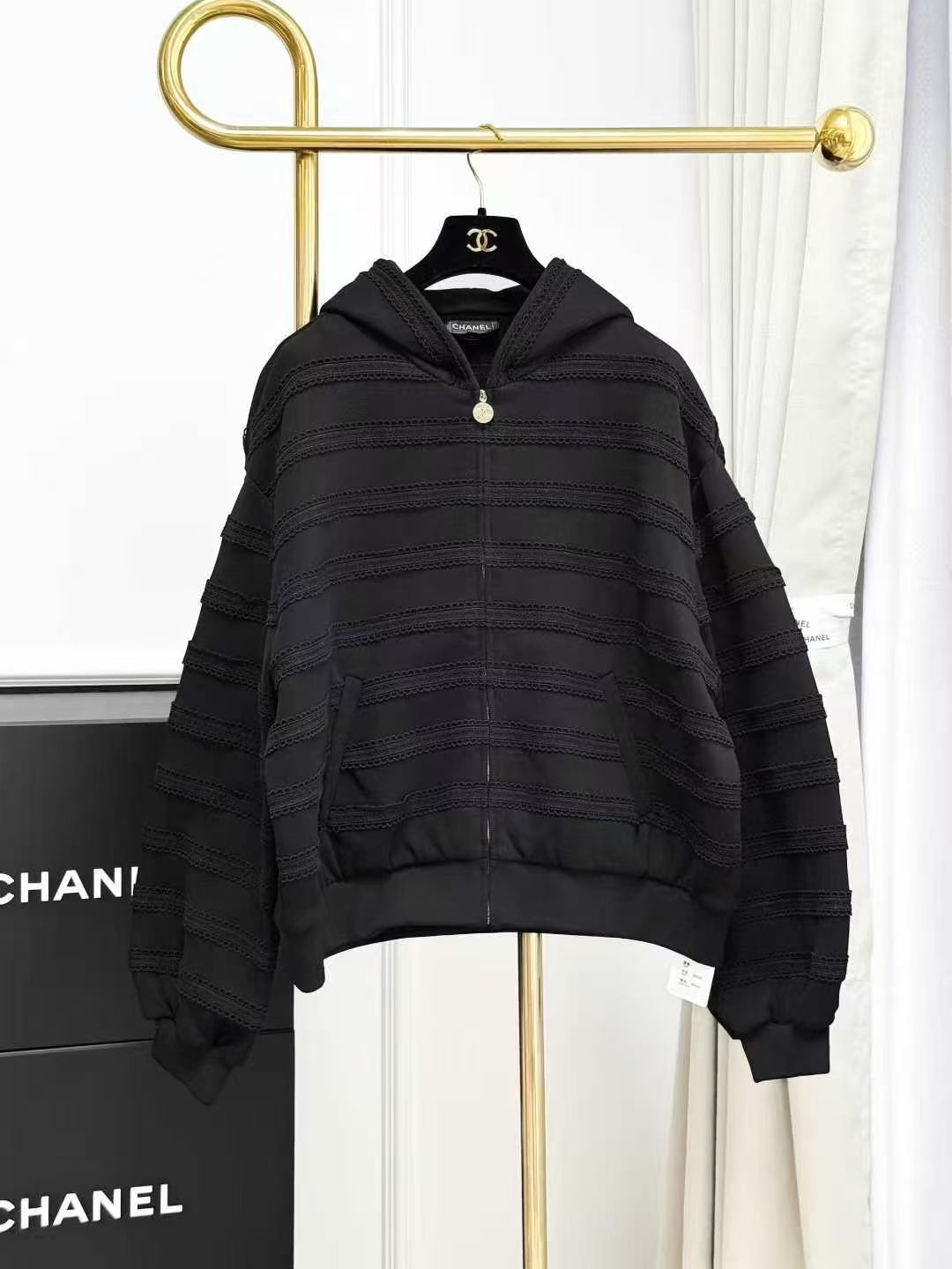 Chanel 24M Coco Beach Black Lace Striped Hooded Jacket