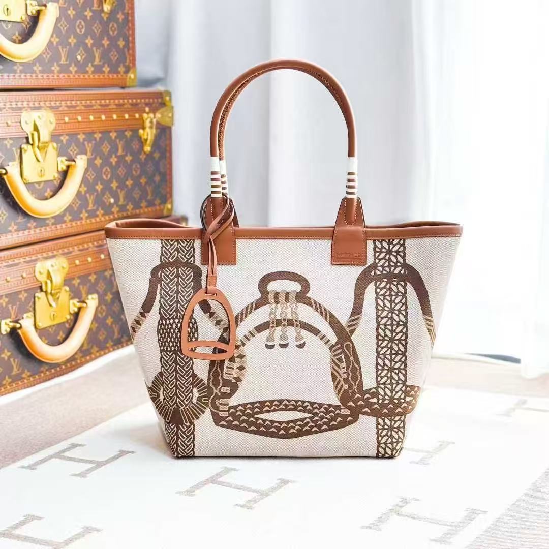 Hermes Steeple 28 Gold Brown Canvas and Swift Leather Tote Bag