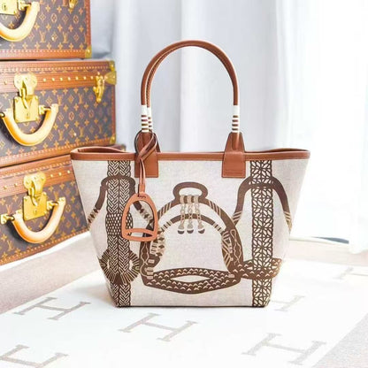 Hermes Steeple 28 Gold Brown Canvas and Swift Leather Tote Bag