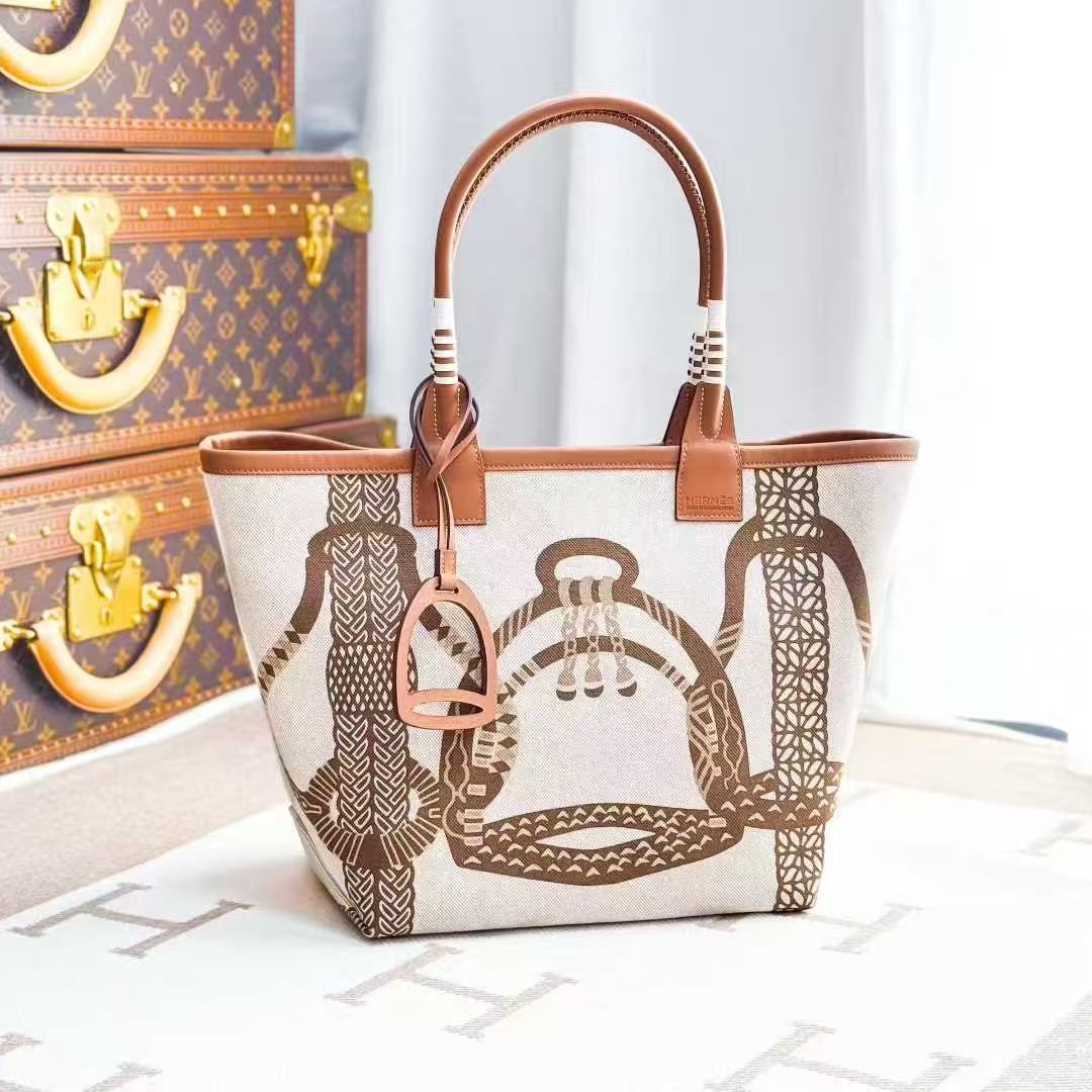 Hermes Steeple 28 Gold Brown Canvas and Swift Leather Tote Bag