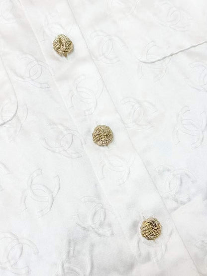 Chanel 25A Atelier Off-White Silk Embossed Full-Print Logo Mulberry Silk Jacket