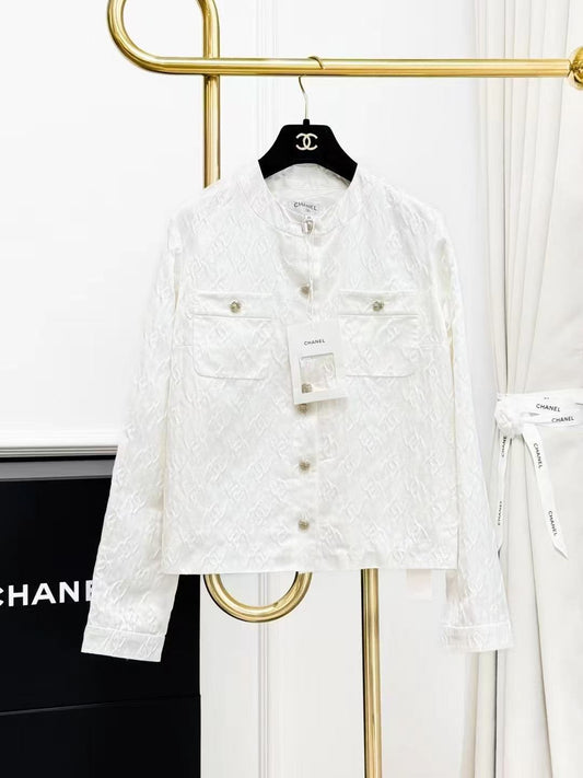 Chanel 25A Atelier Off-White Silk Embossed Full-Print Logo Mulberry Silk Jacket