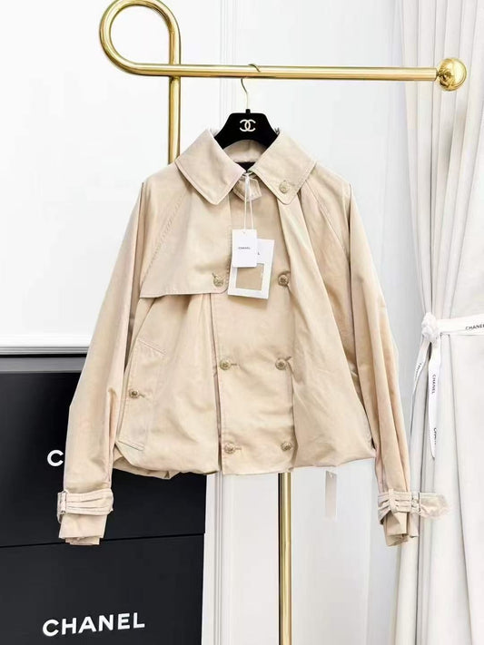 Chanel 25B Khaki Double-C Subtle Pattern Double-Breasted Short Trench Coat