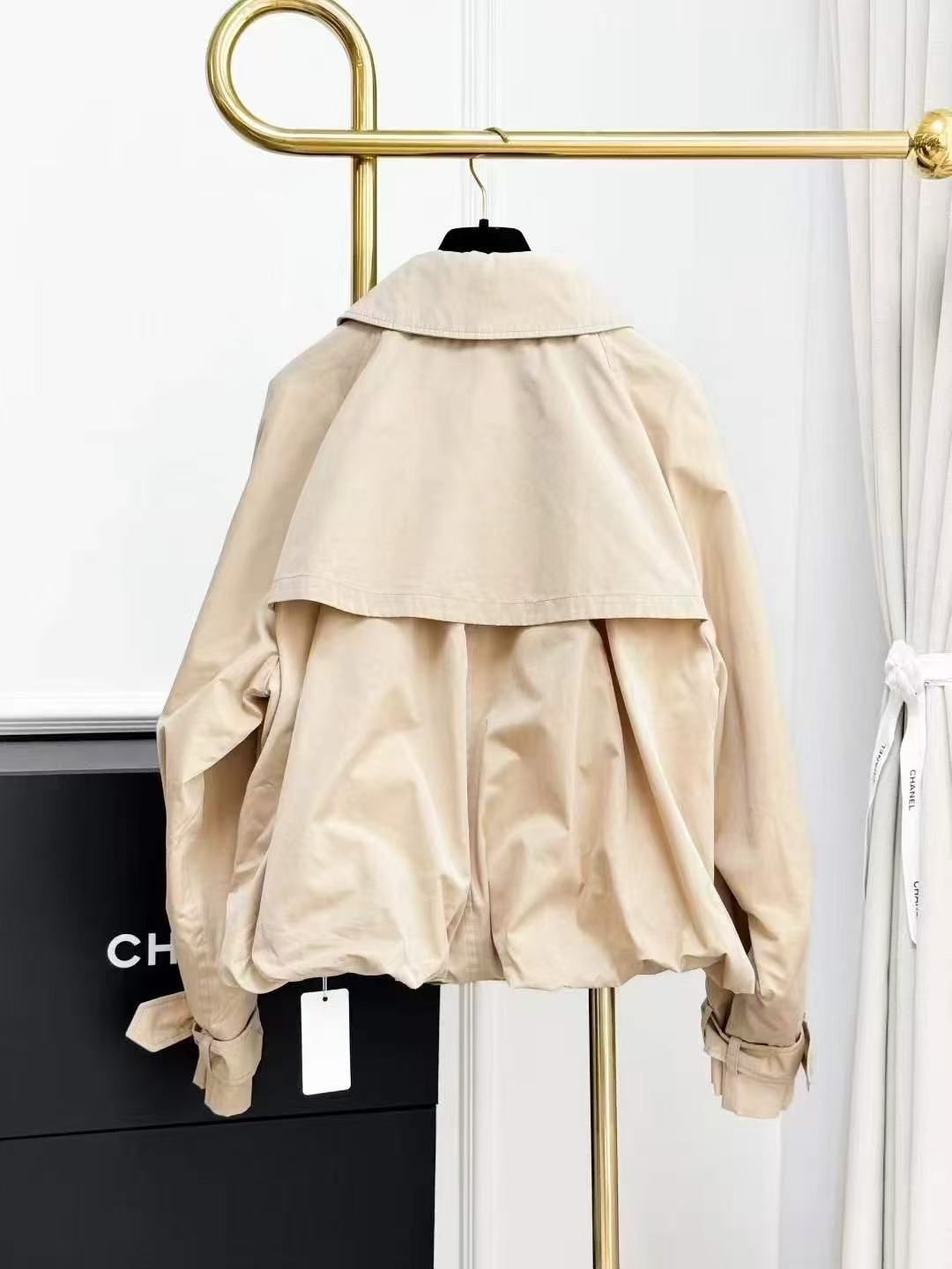 Chanel 25B Khaki Double-C Subtle Pattern Double-Breasted Short Trench Coat