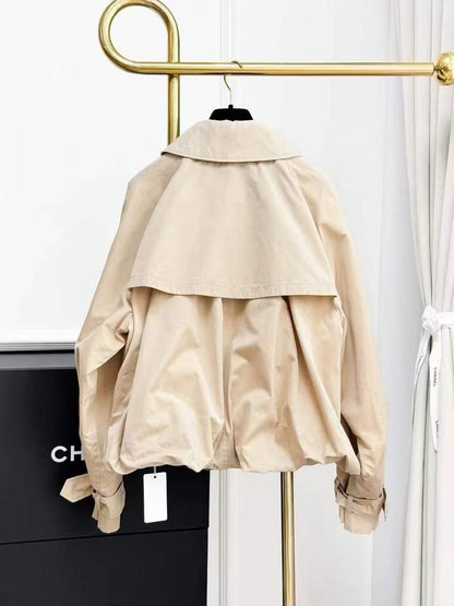 Chanel 25B Khaki Double-C Subtle Pattern Double-Breasted Short Trench Coat