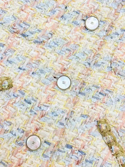 Chanel 25P Cream-Yellow Mélange Knit Short Jacket with Small Stand Collar