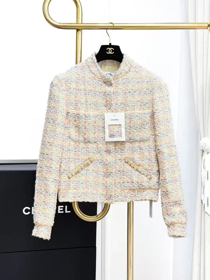 Chanel 25P Cream-Yellow Mélange Knit Short Jacket with Small Stand Collar