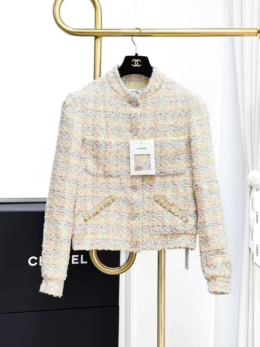 Chanel 25P Cream-Yellow Mélange Knit Short Jacket with Small Stand Collar
