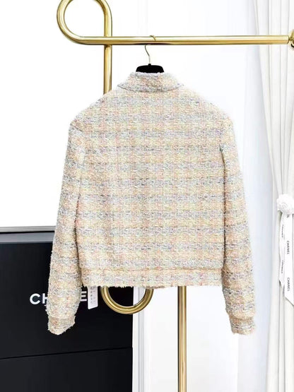 Chanel 25P Cream-Yellow Mélange Knit Short Jacket with Small Stand Collar