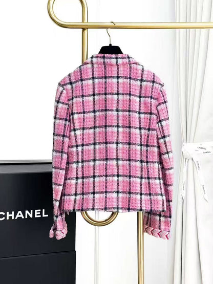 Chanel 24S Pink and Black Checkered Collared Long-Sleeve Jacket